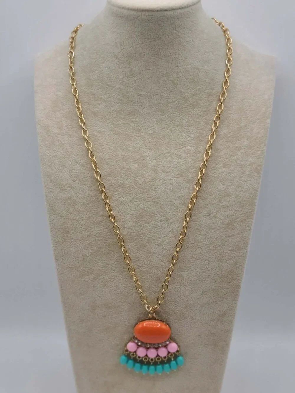 J Crew Orange Pink Blue Gold Resin Crystal Boho Long Pendant